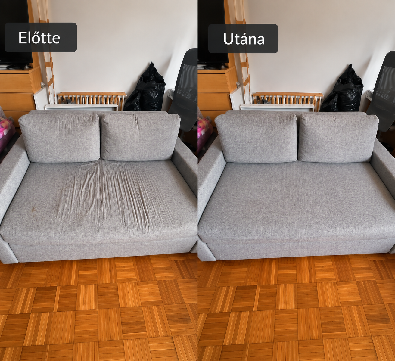 Előtte és utána: szürke szövetkanapé mélytisztítása