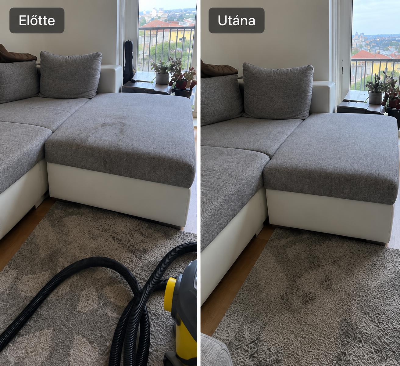Előtte és utána: sarokkanapé kárpitjának mélytisztítása